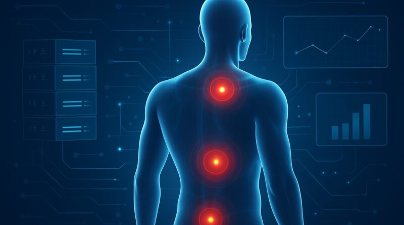 illustration of a human figure with glowing points indicating pain, alongside abstract graphics suggesting data and tech