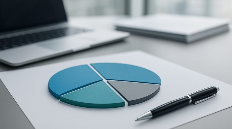 An overhead view of a colorful pie chart on a sheet of paper alongside a laptop and pen.