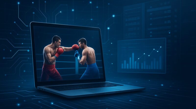 Illustration of a boxing match displayed on a laptop screen, surrounded by digital circuits and analytics visuals in the
