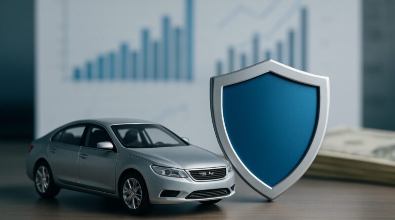 A miniature gray car next to a blue shield symbolizing car insurance on a wooden surface with graphs in the background