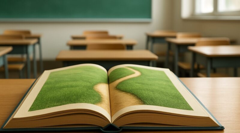 An open book displaying a grassy pathway, set in an empty classroom environment.