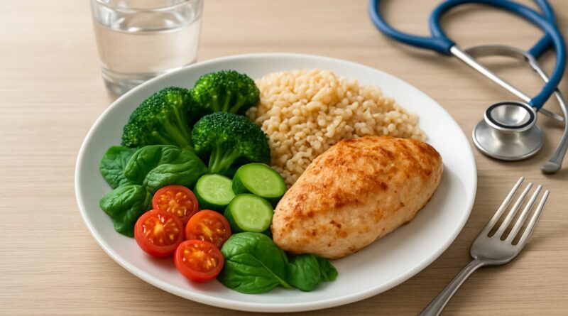 A healthy meal featuring grilled chicken breast, brown rice, broccoli, cherry tomatoes, and spinach on a plate with a st